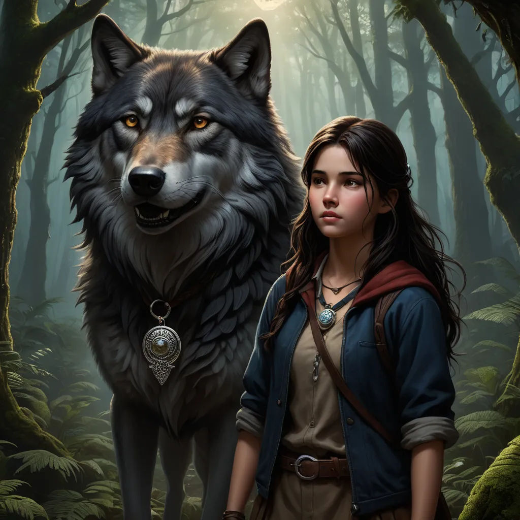 a girl and a wolf in a forest with a full moon in the background, with a forest scene in the background, fantasy art, a character portrait, Brom, official art