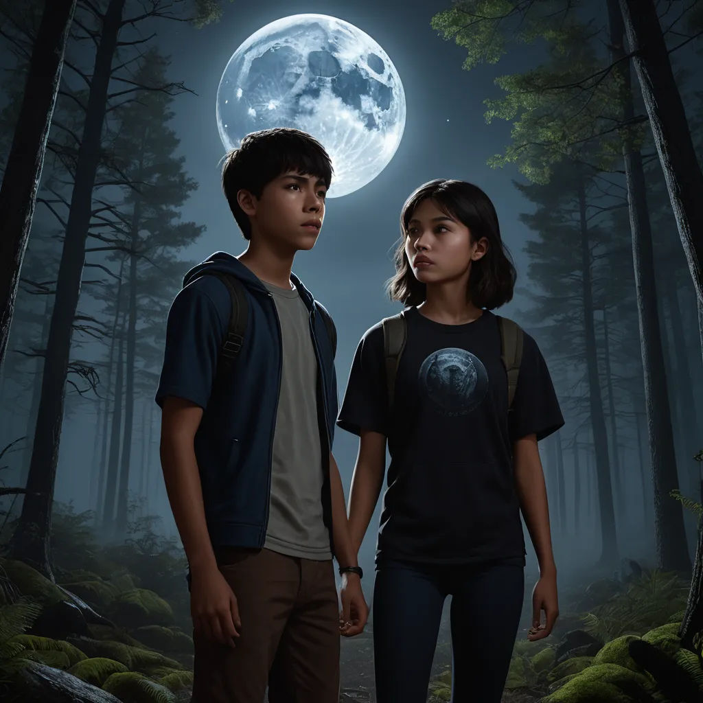 a boy and a girl standing in the woods with a full moon in the background and a forest with trees, sots art, poster art, Felix-Kelly, key art