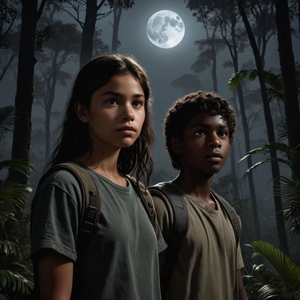 a couple of kids standing in front of a full moon in the forest with trees and bushes in the background, photorealism, poster art, Dirk Crabeth, promotional image
