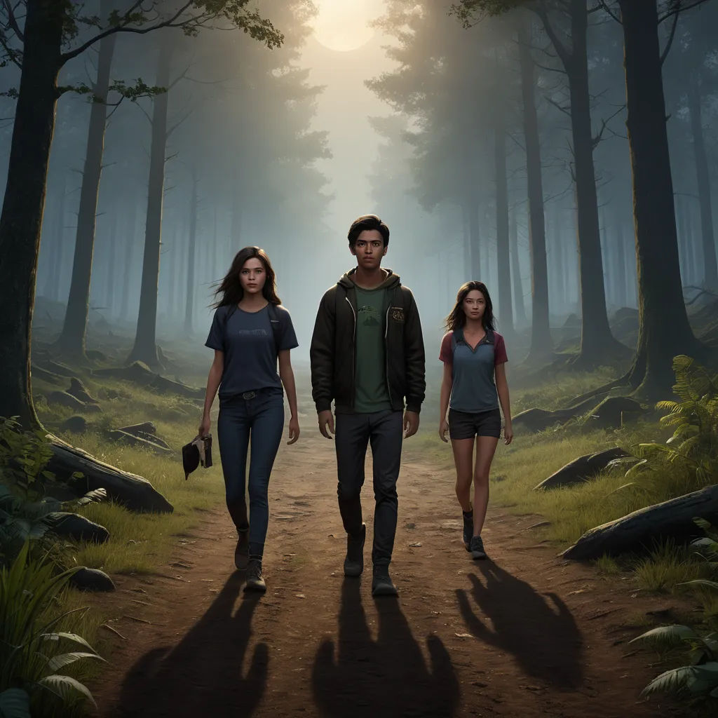a man and a woman walking down a dirt road in the woods with a forest background and a sun shining through the trees, sots art, poster art, Chris LaBrooy, key art