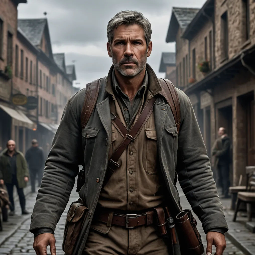 a man in a brown jacket and brown pants walking down a street with a gun in his hand and a man in a brown jacket and brown jacket, arts and crafts movement, a character portrait, Bertram Brooker, promotional image