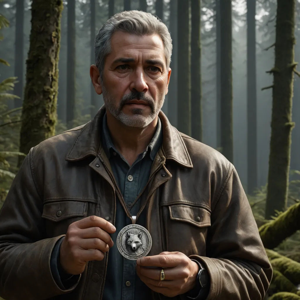 a man in a brown jacket holding a silver medal in a forest with trees in the background and fog, private press, a character portrait, Eddie Mendoza, promotional image