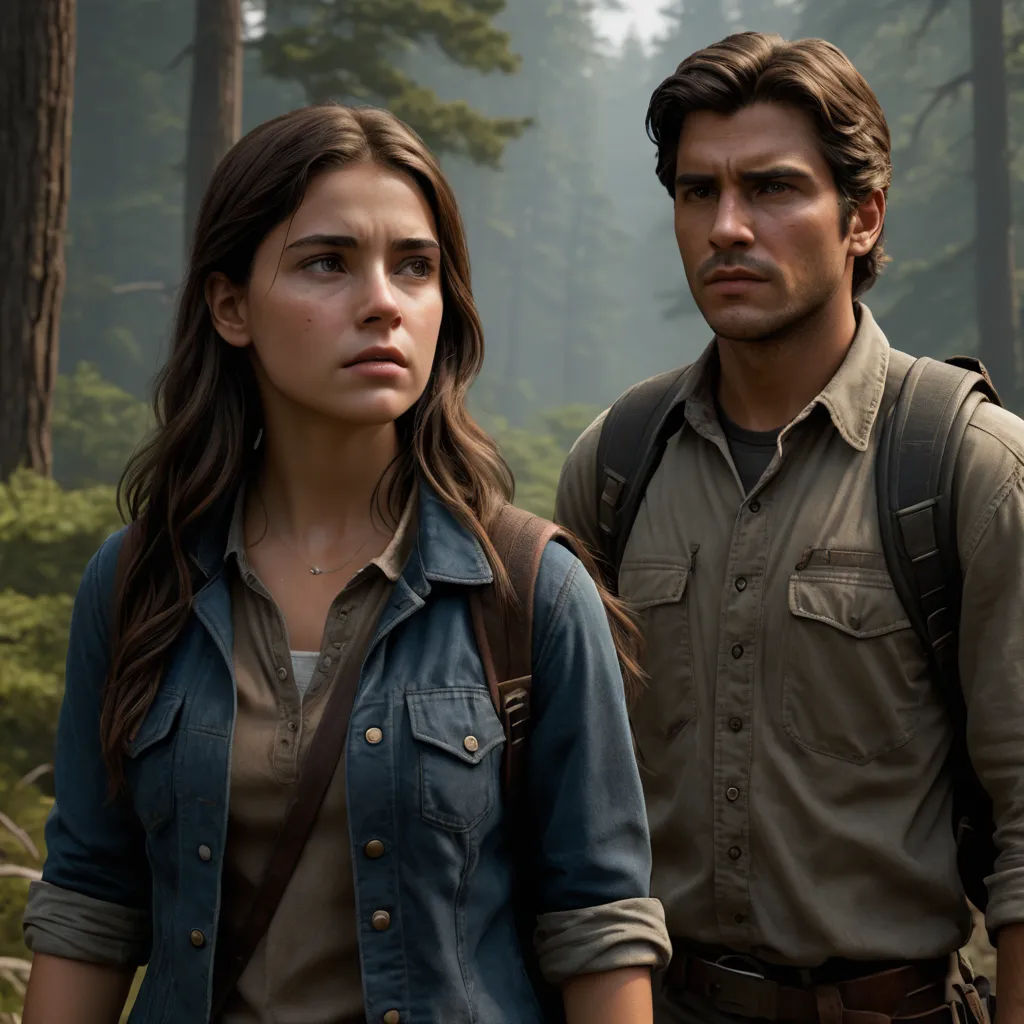 a man and a woman standing in the woods together, looking at something in the distance with trees in the background, northwest school, a poster, Eddie Mendoza, promotional image