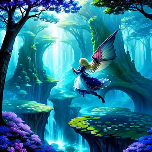 a fairy flying over a forest filled with trees and flowers, with a waterfall in the background and a fairy on a swing