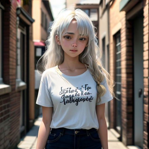 a woman with blonde hair and a white shirt is standing on a sidewalk in front of a brick building