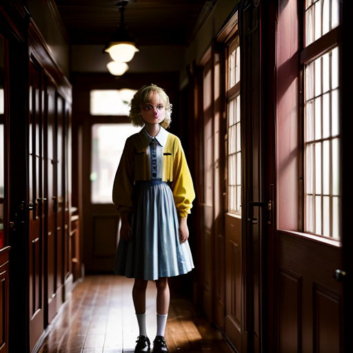 a young girl standing in a hallway with a yellow sweater on her shoulders and a blue dress on her knees