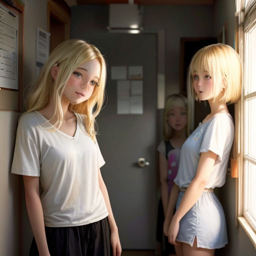 two young women standing next to each other near a window with a sign on it that says,,