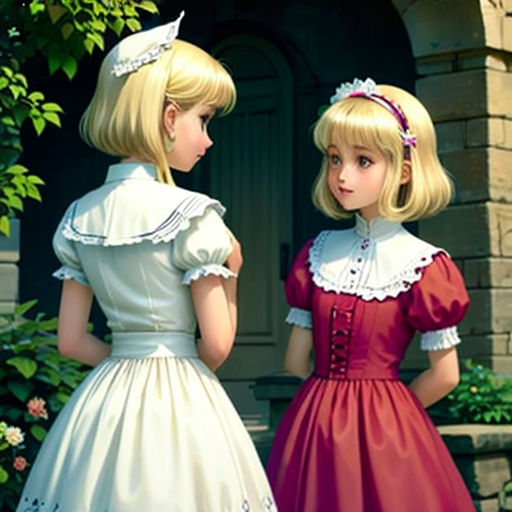 two girls in dresses standing next to each other in front of a house with flowers and bushes on either side of the door