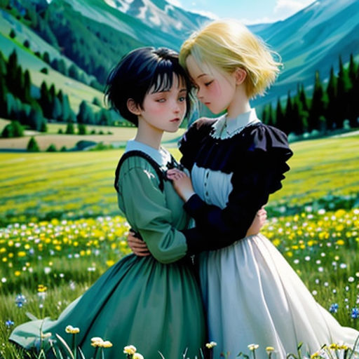 two girls in dresses standing in a field of flowers with mountains in the background and a sky with clouds