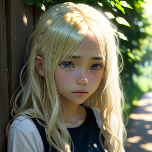 a young blonde girl with blue eyes leaning against a wooden fence with a green bush behind her and a tree behind her