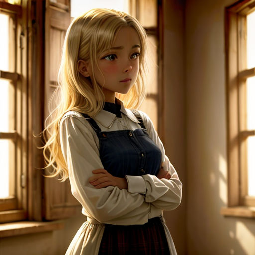 a girl with blonde hair and a blue shirt is standing in front of a window with her arms crossed