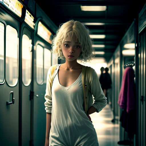 a woman standing in a hallway next to a train car with a man standing next to her on the other side