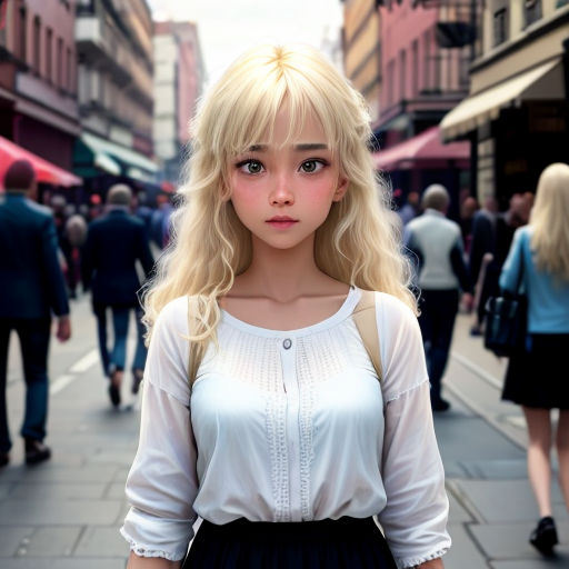 a woman with blonde hair standing on a street corner in a city with people walking around her and a red umbrella