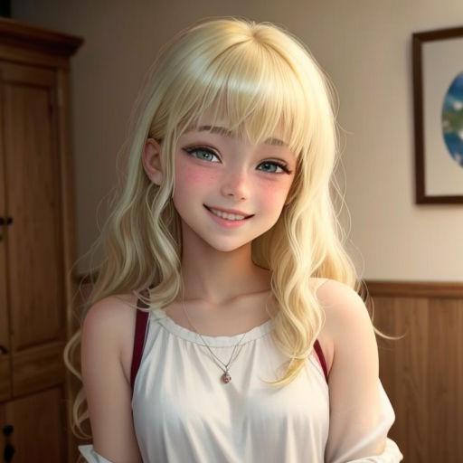 a blonde haired girl with long hair and a white top is posing for a picture in a bedroom with a wooden wall