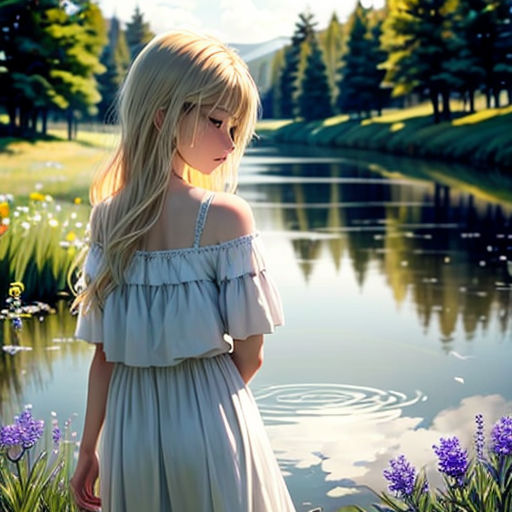 a girl in a dress standing in front of a lake with flowers in it and a forest in the background