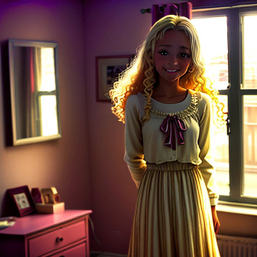 a woman in a yellow dress standing in a room with a window and a dresser with a pink drawer