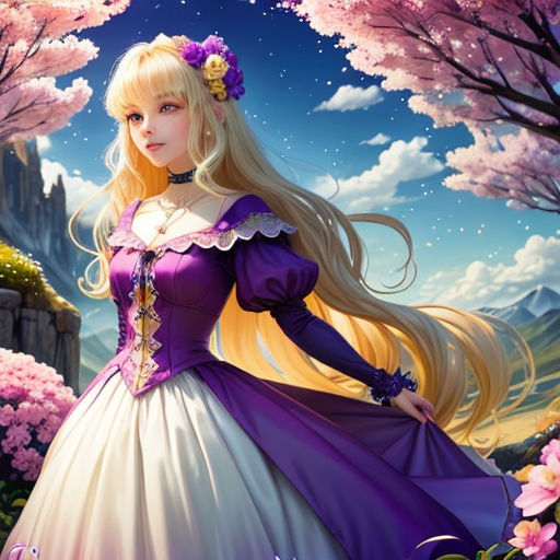 a beautiful blonde haired girl in a purple dress standing in a forest with pink flowers and trees in the background