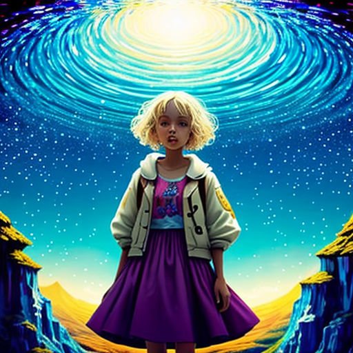 a painting of a girl standing in front of a blue vortex with stars and a yellow light in the background