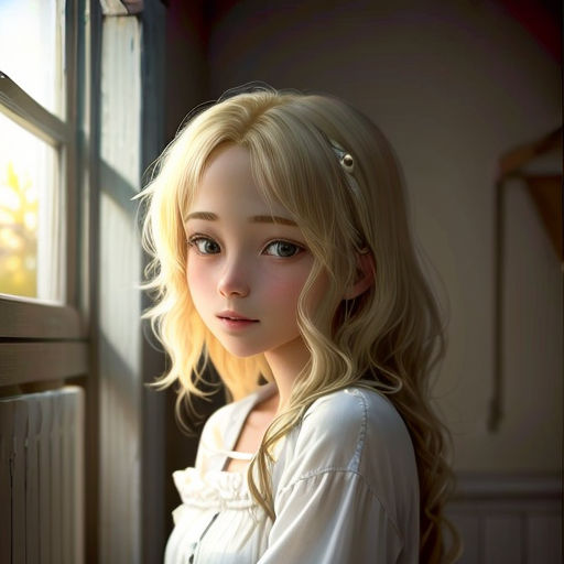 a girl is standing by a window looking out the window at the outside of the house and looking at the camera