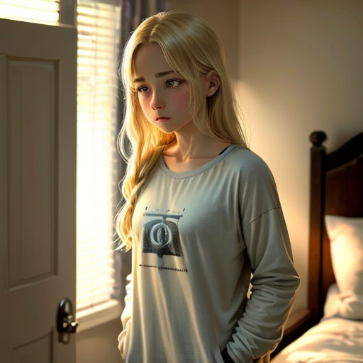 a woman standing in a bedroom next to a bed with a camera on it's shirt on her chest