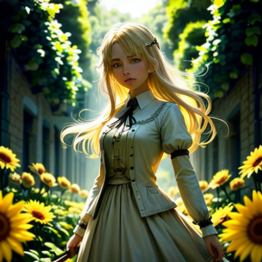 a woman in a dress standing in a garden with sunflowers in the background and a sunflower in the foreground