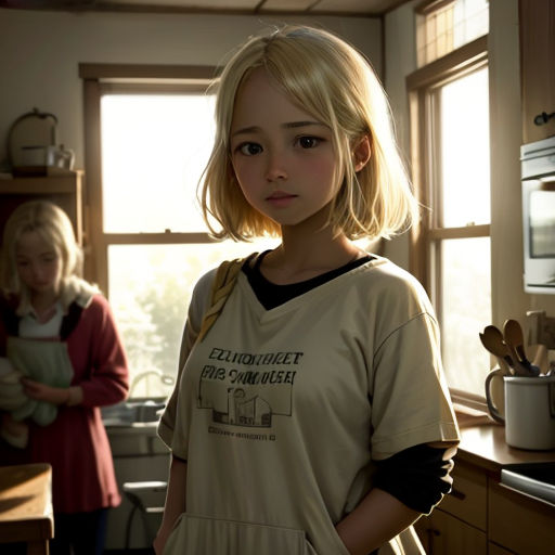 a young girl standing in a kitchen next to a woman in a red dress and a window with a light shining through