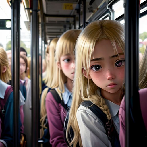 a group of young girls riding on a bus together, with blonde hair and blue eyes, in a bus