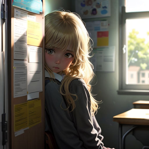a little girl is leaning against a wall in a classroom with a desk and a window behind her and a poster on the wall