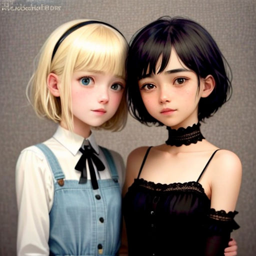 two anime girls are posing for a picture together, one is wearing a black top and the other is wearing a blue dress