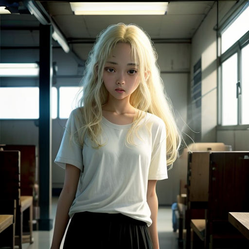 a young woman with long blonde hair standing in a room with desks and chairs in front of her