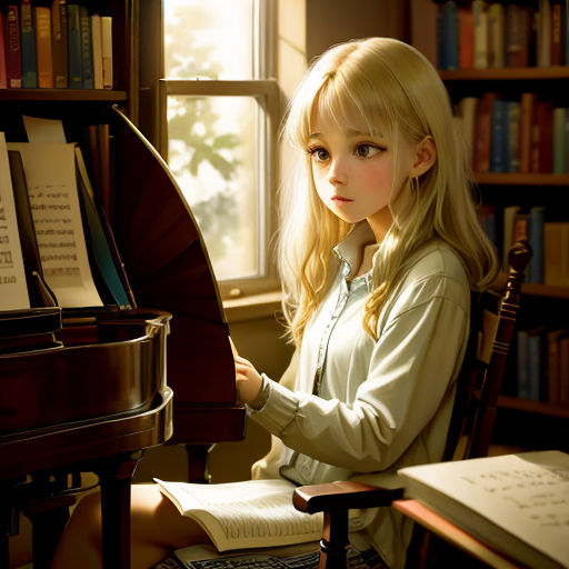 a young girl sitting at a piano in a library with a bookcase full of books behind her and a piano in front of her
