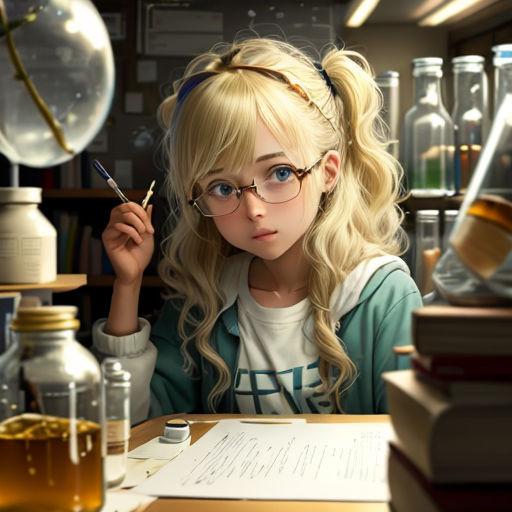 a girl with glasses sitting at a desk with a book and a pen in her hand and a lot of books on the table