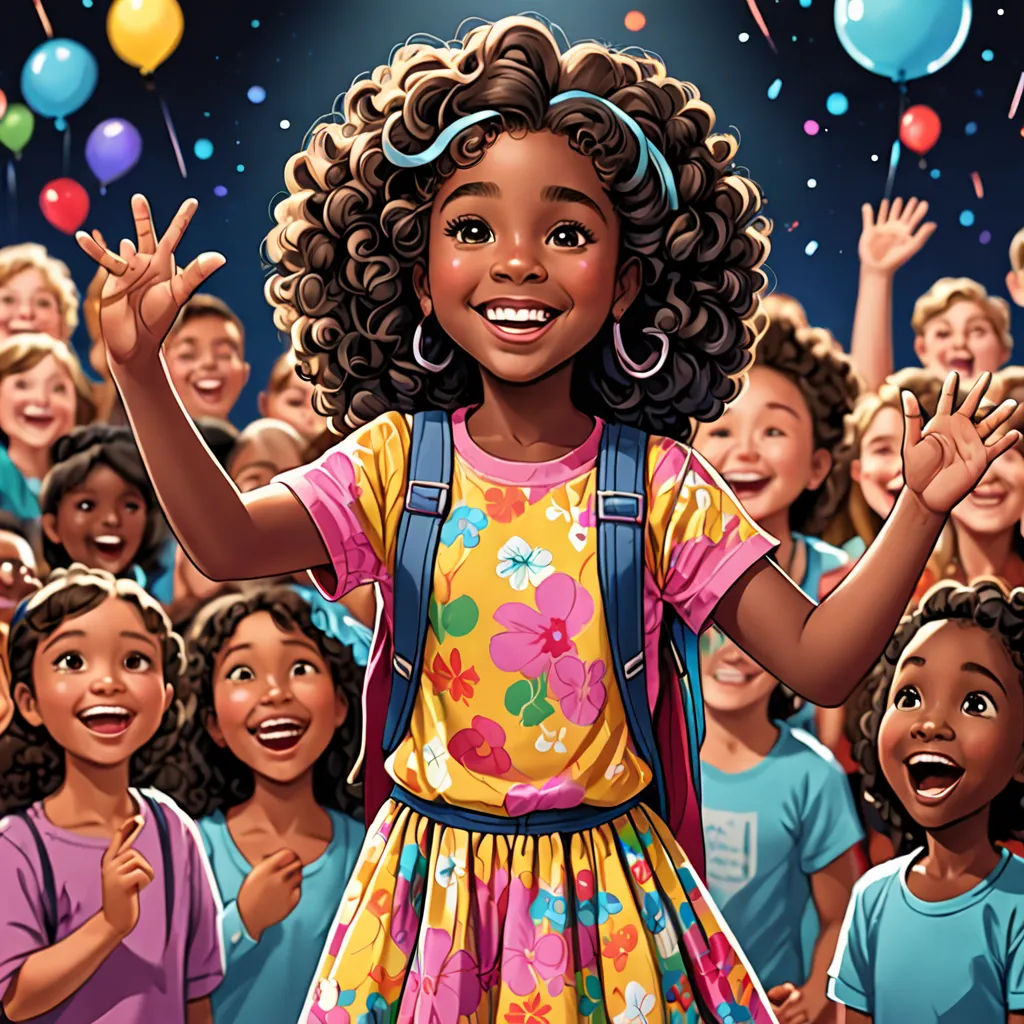 a cartoon girl with curly hair and a backpack standing in front of a group of children with balloons and streamers, american scene painting, a storybook illustration, Ella Guru, comic cover art
