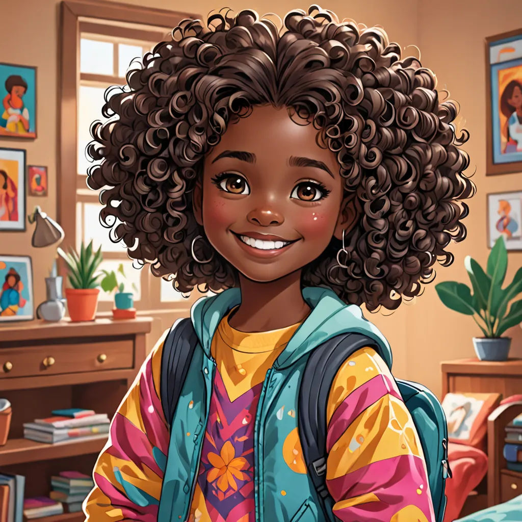 a cartoon girl with curly hair and a backpack in a bedroom with a desk and a window with pictures on it, american scene painting, a character portrait, Constance Gordon-Cumming, kinkade