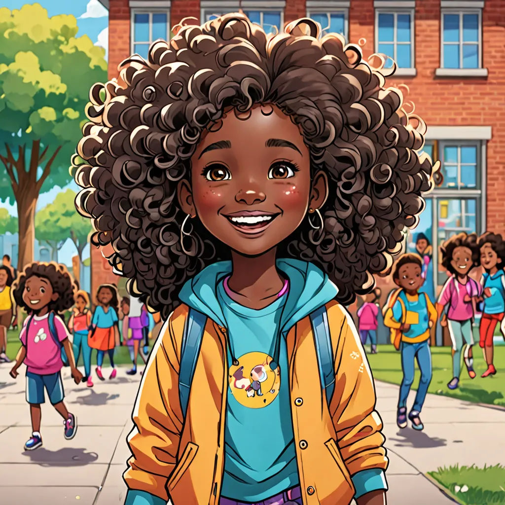 a cartoon of a girl with curly hair and a yellow jacket on, standing in front of a school, paris school, a character portrait, Constance Gordon-Cumming, comic cover art