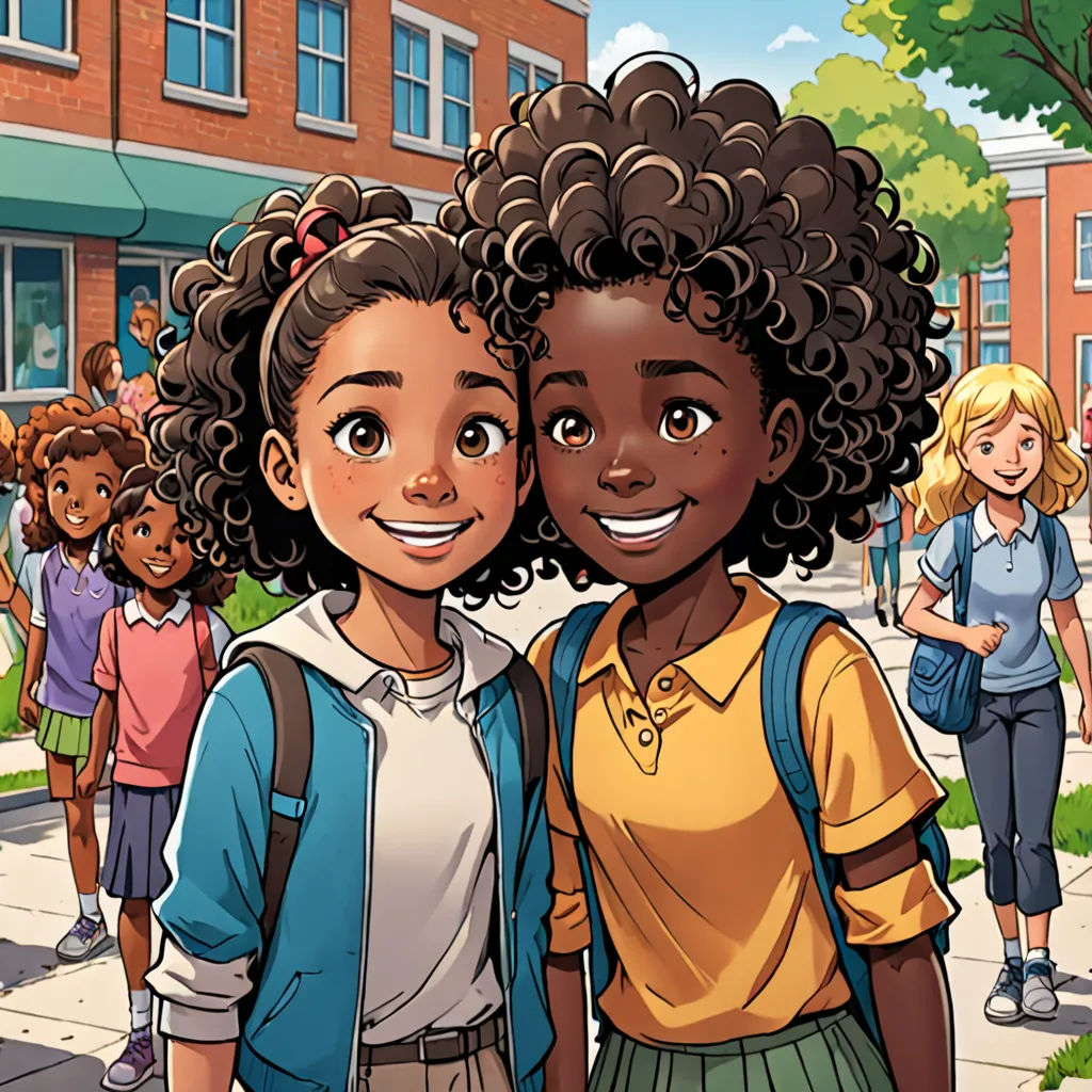 a couple of kids standing next to each other on a street with a building in the background and a group of people standing around, harlem renaissance, a comic book panel, Chinwe Chukwuogo-Roy, comic cover art