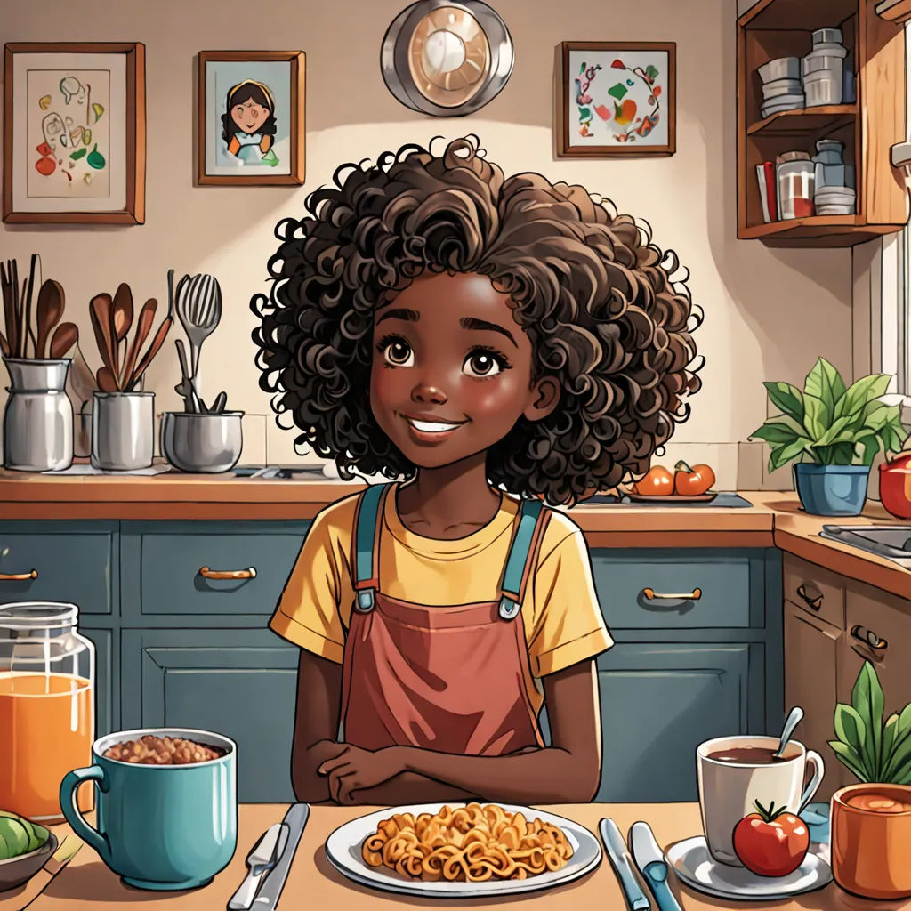 a cartoon girl is sitting at a table with a plate of food in front of her and a mug of tea, photorealism, a storybook illustration, Constance Gordon-Cumming, comic cover art