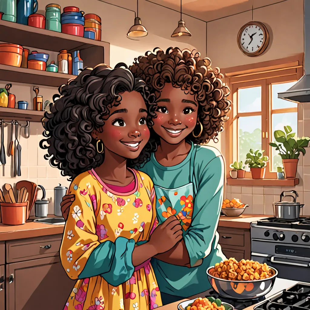 two black women standing in a kitchen with a bowl of food in front of them and a clock above them, lyco art, a storybook illustration, Chinwe Chukwuogo-Roy, comic cover art