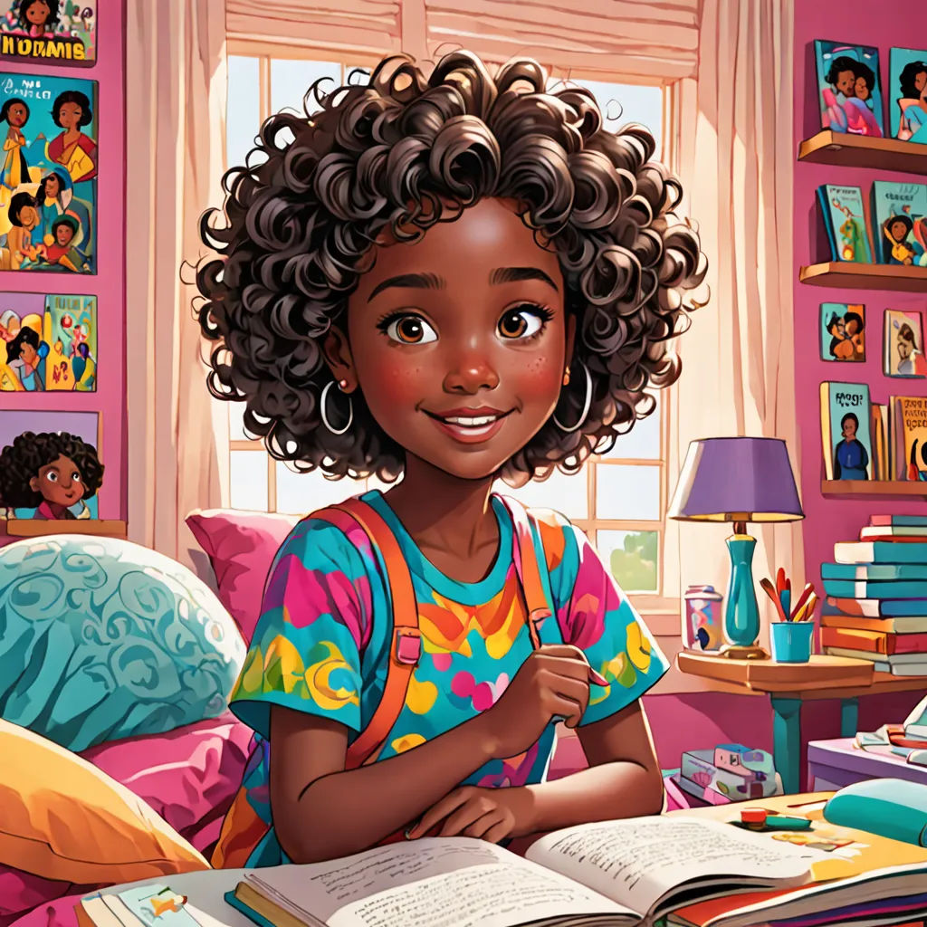 a cartoon girl sitting on a bed with a book in her hand and a book in her other hand, photorealism, a storybook illustration, Alexis Simon Belle, highly detailed digital painting