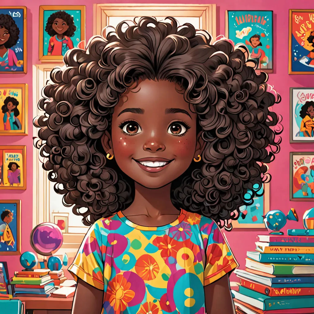 a cartoon girl with curly hair standing in front of a pile of books and a pile of books on a desk, photorealism, a character portrait, Chinwe Chukwuogo-Roy, comic cover art