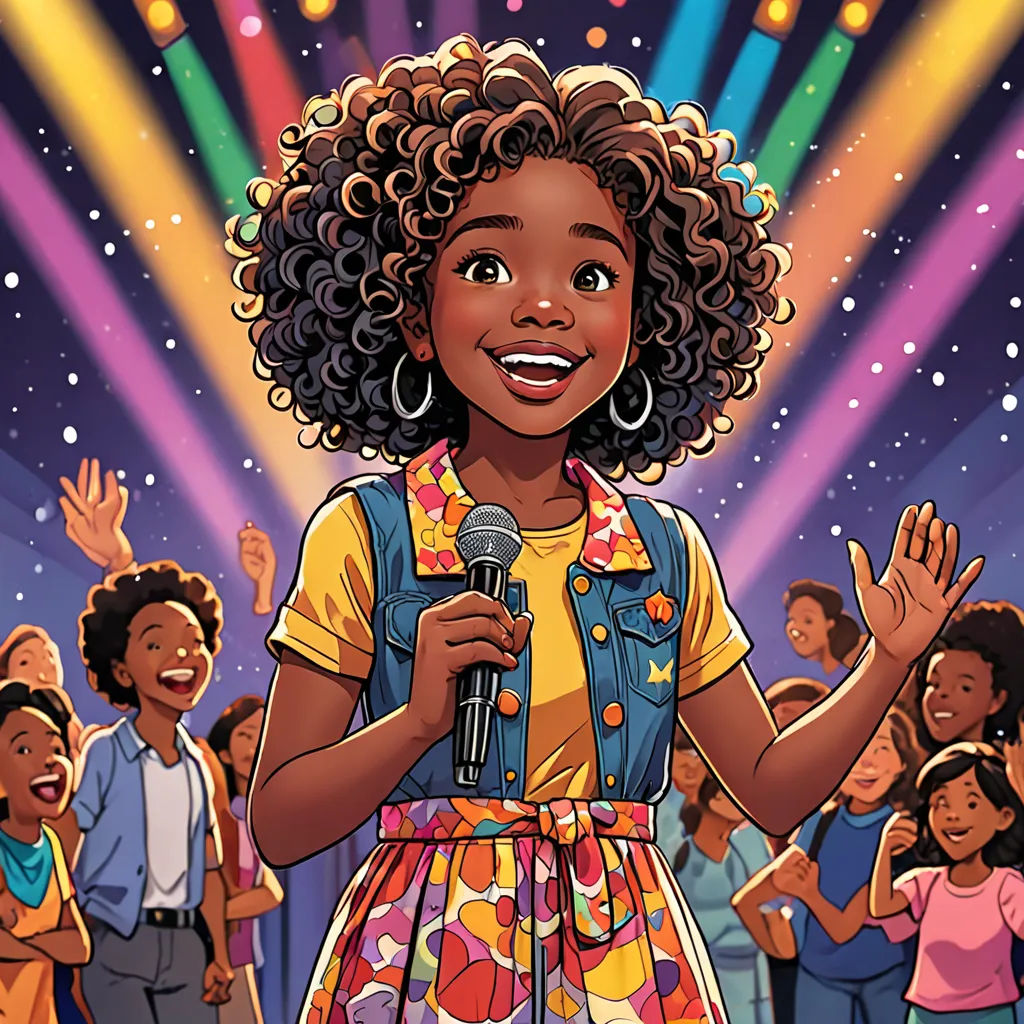 a cartoon of a woman with a microphone in front of a crowd of people with bright lights behind her, harlem renaissance, a storybook illustration, Ella Guru, comic cover art