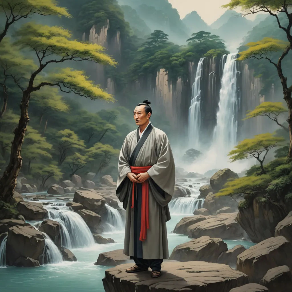 a painting of a man standing on a rock in front of a waterfall and a waterfall with a waterfall in the background, fantasy art, a detailed matte painting, Emperor Huizong of Song, highly detailed digital painting