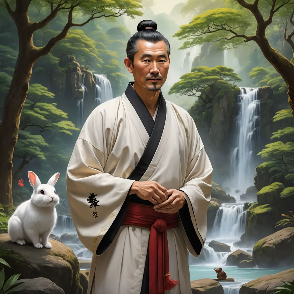 a man in a kimono standing in front of a waterfall with a rabbit sitting on the ground next to him, magical realism, a character portrait, Drew Struzan, highly detailed digital painting