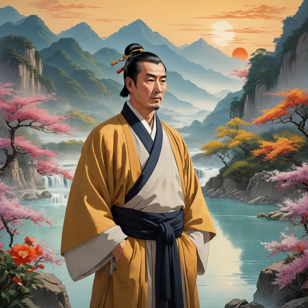 a painting of a man in a kimono standing in front of a mountain lake with flowers and a waterfall, fantasy art, a character portrait, Emperor Huizong of Song, official art