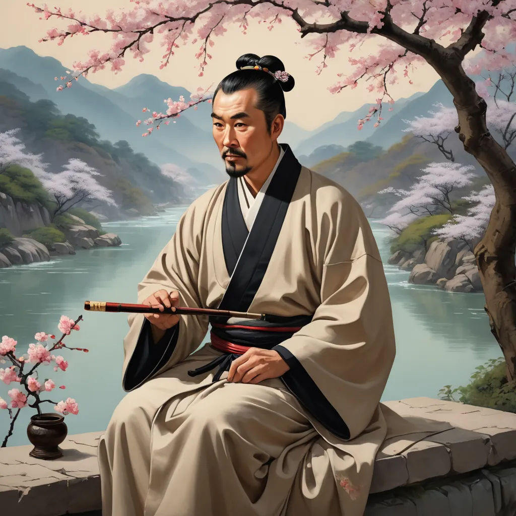 a painting of a man sitting on a ledge with a stick in his hand and a cherry blossom tree in the background, figurative art, an ultrafine detailed painting, Emperor Huizong of Song, highly detailed digital painting