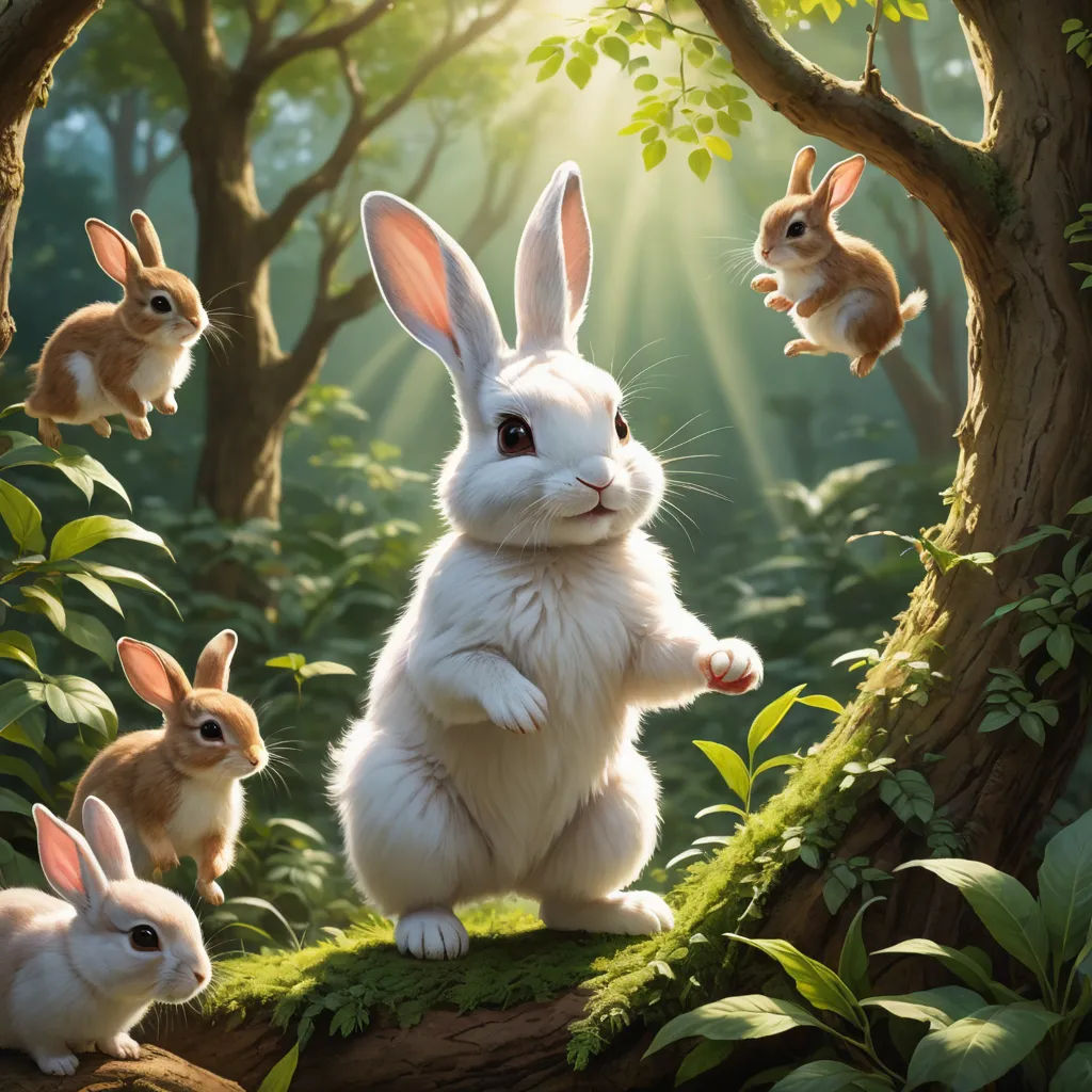 a group of rabbits in a forest with sunlight shining through the trees and on the ground, a rabbit is standing in the middle of the forest, furry art, a storybook illustration, Chris LaBrooy, rossdraws global illumination