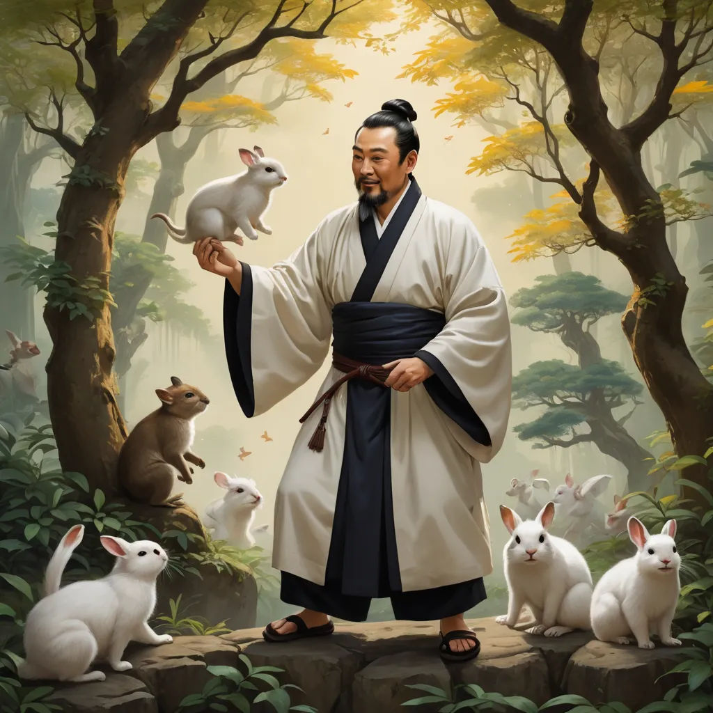 a man in a kimono holding a white rabbit in a forest with other rabbits around him and a forest background, magical realism, a storybook illustration, Emperor Huizong of Song, official art
