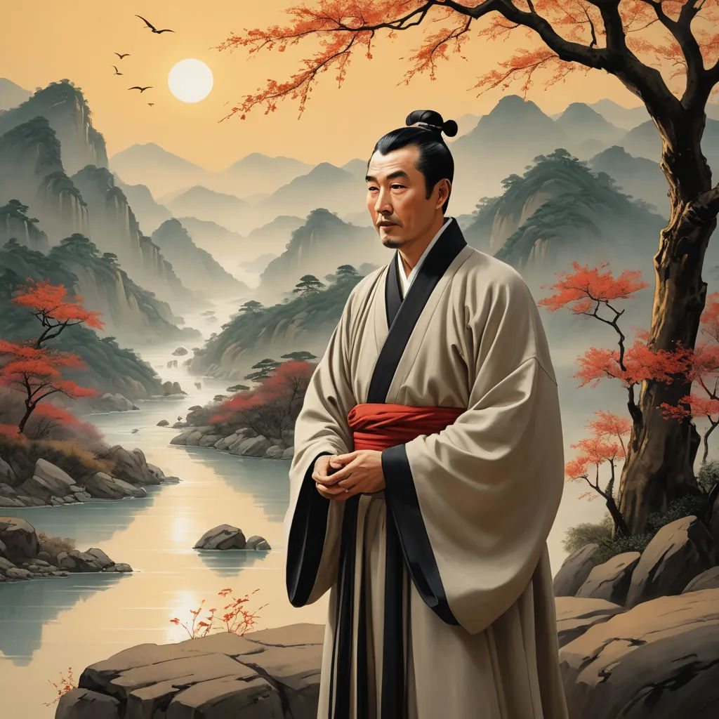 a painting of a man standing in front of a river with a tree and mountains in the background and a bird flying over the water, figurative art, an ultrafine detailed painting, Emperor Huizong of Song, highly detailed digital painting