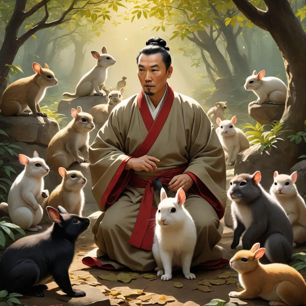 a man sitting in a forest surrounded by animals and rabbits, with a red robe on his shoulders and a red ribbon around his neck, furry art, a storybook illustration, Emperor Huizong of Song, official art