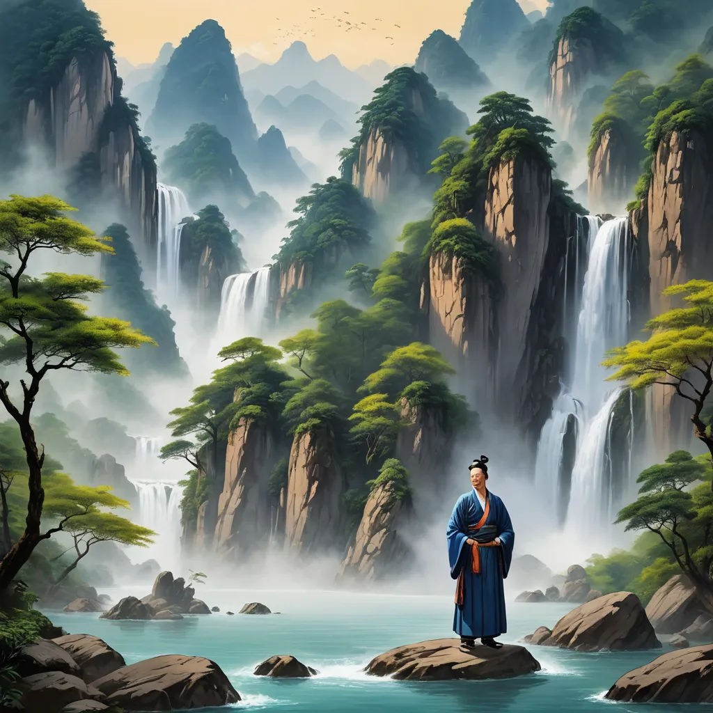 a painting of a man standing on a rock in front of a waterfall and a river with a waterfall in the background, fantasy art, a detailed matte painting, Christophe Vacher, matte fantasy painting